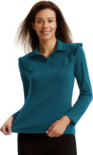 Vista 2 de JACK SMITH Polo de golf de manga larga para mujer, con volantes, absorbe la humedad, camisas atléticas de tenis con botones