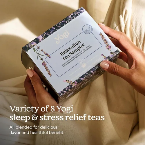 Vista 6 de Caja de muestra de té de relajación Yogi (32 bolsas de té) - 8 tés de hierbas favoritos - Orgánico y sin cafeína