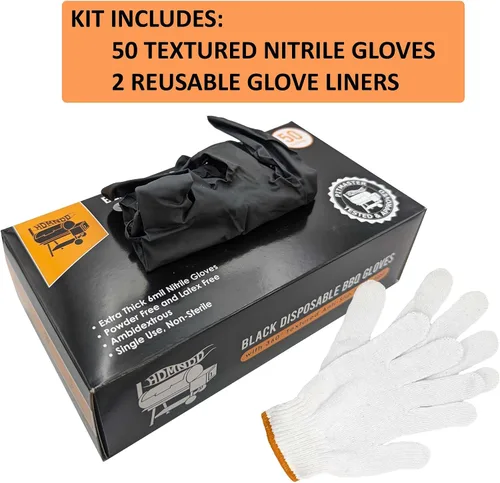 Vista 2 de Kit de guantes desechables para barbacoa negro - 50 guantes de agarre texturizado resistentes y 2 forros reutilizables resistentes al calor