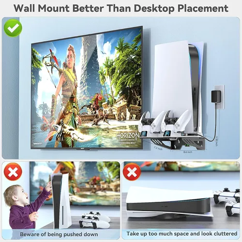 Vista 6 de Kit de montaje en pared PS5 con ventilador de refrigeración de 3 niveles y estación de carga dual, soporte de estante PS5 compatible con Playstation