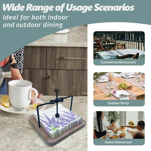 Vista 7 de Servilletero de madera rústica para mesa, decoración de mesa de cocina de granja, servilletero plano con brazo y asa con peso para el hogar, cocina