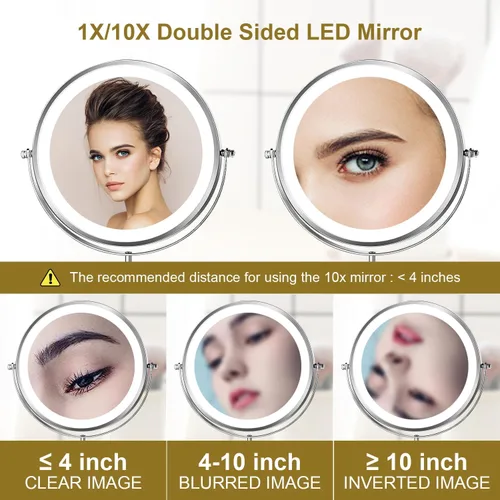 Vista 4 de Espejo de maquillaje iluminado con aumento, recargable de 8 pulgadas, 1 x 10 luces de tocador con aumento, doble cara giratoria de 360°, regulable
