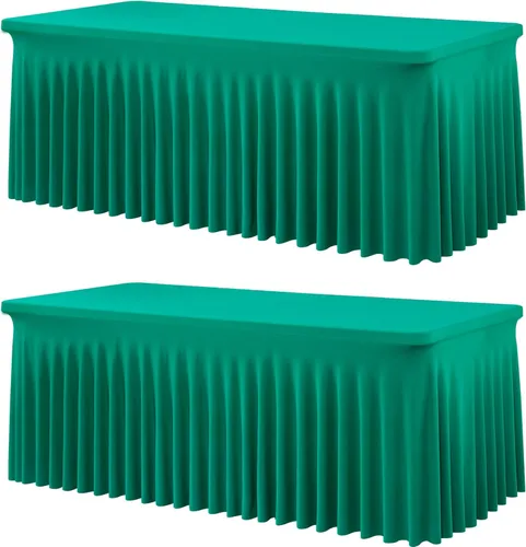 Vista 10 de Paquete de 2 manteles de elastano azul bebé para mesas rectangulares de 6 pies, manteles elásticos de 6 pies, falda de escritorio para fiestas
