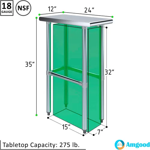 Vista 3 de AmGood Mesa de Trabajo de Acero Inoxidable Base Abierta Isla de Cocina NSF Preparación de Alimentos Banco de Utilidad para Lavandería Garaje