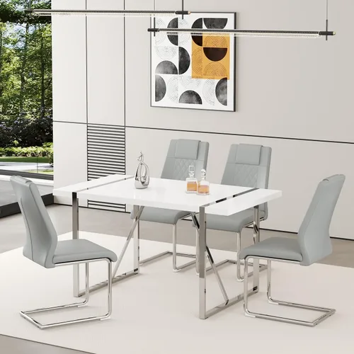 Vista 16 de Juego de mesa de comedor moderna de 55 pulgadas para 4, mesa de comedor negra y marco de metal dorado, mesa de comedor rectangular con 4 sillas