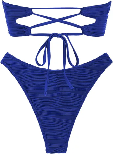 Vista 6 de ZAFUL Bikini sin tirantes para mujer, 2 piezas, traje de baño atrevido, sólido, con cordones