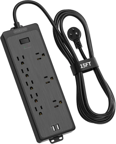 Vista 15 de Regleta de alimentación con 6 tomas espaciadas superanchas con USB, cable de extensión de 10 pies, protector de sobretensiones de enchufe plano