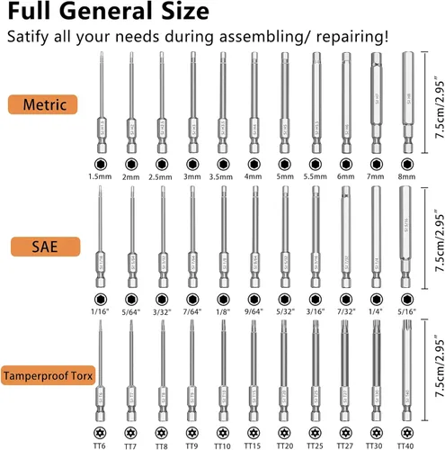 Vista 6 de MulWark Juego de brocas Allen de cabeza hexagonal, 33 piezas (Métrica, SAE, Torx a prueba de manipulaciones) – 2.3 pulgadas de largo, vástago