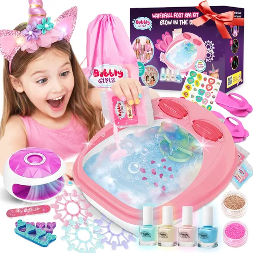 Kit de día de spa para niñas Bubbly Girlz con brillo en la oscuridad, más de 42 piezas de juguetes de spa para pies con cascada, kit de spa de uñas,