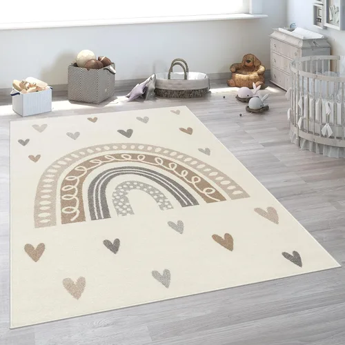 Vista 5 de Paco Home Alfombra de habitación infantil con arco iris y corazones en marrón beige, tamaño: 2'8" x 4'11