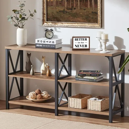 Vista 58 de IBF Mesa de entrada de granja, mesa consola larga rústica detrás del sofá, moderna mesa de sofá de madera de metal con estantes de almacenamiento