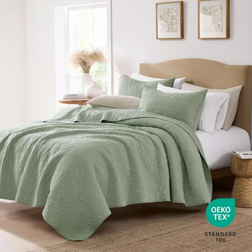 Vista 2 de palassio Juego de ropa de cama de edredón de paisley verde salvia, 100% algodón, tamaño individual, con 1 funda de almohada, bohemio floral ligero