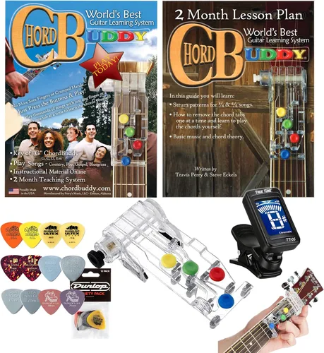 Sistema de aprendizaje de guitarra Chord Buddy con afinador cromático True Tune y paquete de púas. Toca la guitarra hoy con este producto Shark Tank