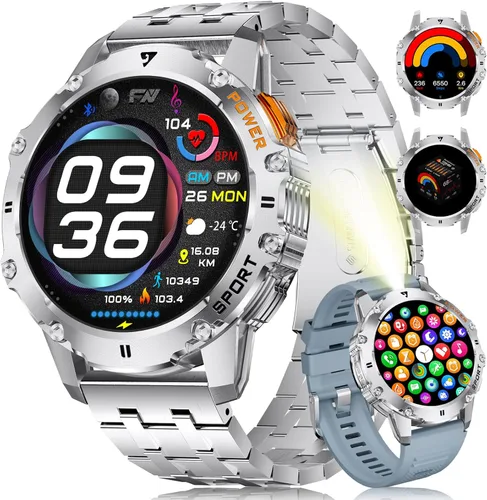 Reloj inteligente militar para hombre con linterna/5 ATM resistente al agua, reloj inteligente táctico AMOLED de 1.43 pulgadas con batería de 500