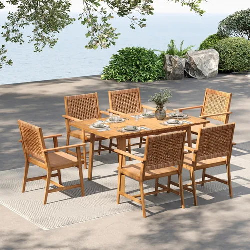 Vista 12 de MFSTUDIO Juego de 2 sillas de comedor de madera de acacia para exteriores, con asiento de ratán tejido hecho a mano y respaldo de ratán para jardín