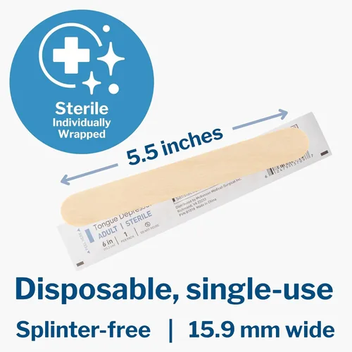 Vista 2 de McKesson Depresores de lengua [100 unidades] Tamaño junior, estériles, envueltos individualmente, madera, sin sabor, sin astillas, 5.5 pulgadas, uso