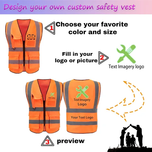 Vista 3 de Chaleco de seguridad personalizado para hombres con bolsillos, chaleco de construcción de alta visibilidad, chaleco reflectante Hi Vis, chalecos