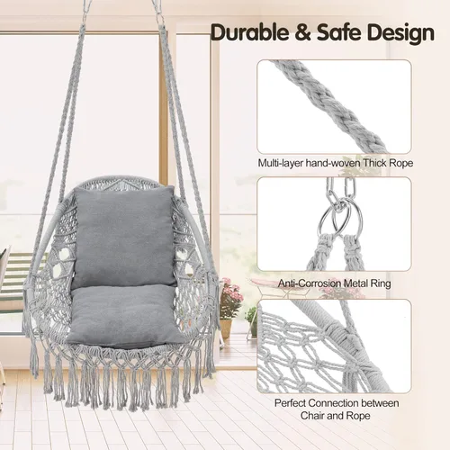 Vista 3 de Silla hamaca colgante con cuerda, silla colgante de máximo 330 libras, 2 cojines incluidos, silla columpio de macramé para dormitorio