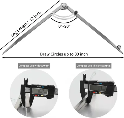 Vista 7 de Compás de 12 pulgadas para geometría, compás para carpintería, compás de carpintería de precisión con divisor de ala y soporte para lápices, compás