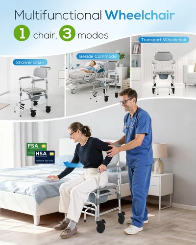 Vista 2 de Silla de ducha con ruedas ampliadas de 5 pulgadas, silla de ruedas resistente de 330 libras, brazos y reposapiés plegables, ruedas con cerradura