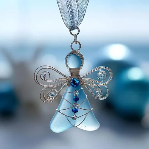 Vista 6 de Handmade Sea Glass Angel Ornament, 2026 Coastal Christmas Tree Decoration, 2D Ocean-Inspired Holiday Ornament, Unique Gift for Beach Lovers(Green)