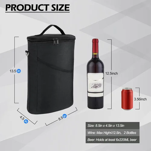 Vista 2 de Bolsa enfriadora de vino para 2 botellas, a prueba de fugas, acolchada, con asa y correa de hombro ajustable, para viajes, degustación de vinos