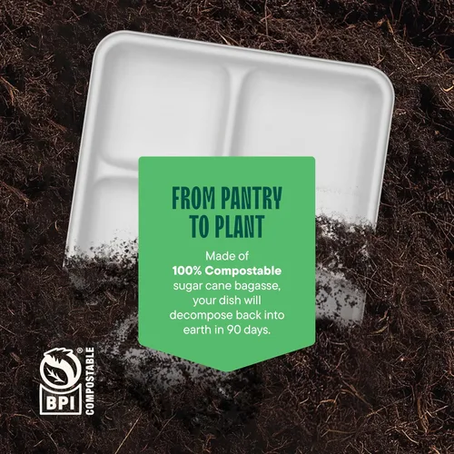 Vista 8 de Plato de papel 100% compostable, paquete de 125 unidades bandeja de 5 compartimientos desechable de calidad resistente, ecológica hecha de fibras