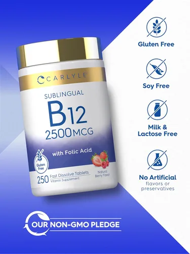 Vista 5 de Carlyle Vitamina B12 Sublingual 2500 mcg 250 tabletas de disolución rápida Suplemento de cianocobalamina con ácido fólico para adultos Sabor