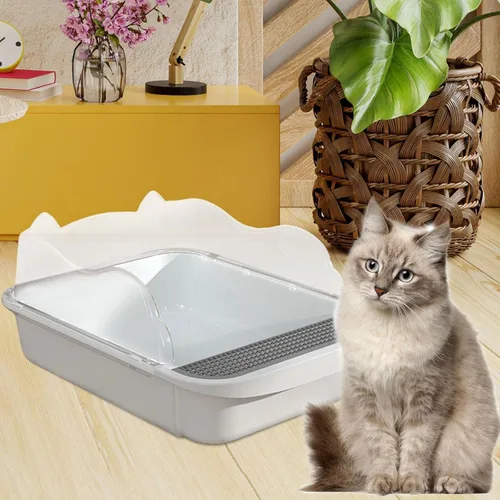 Vista 4 de KLKCMS Caja de arena semicerrada para mascotas y gatos, contenedor de inodoro antiadherente de alta cara, suministros para mascotas, bandeja