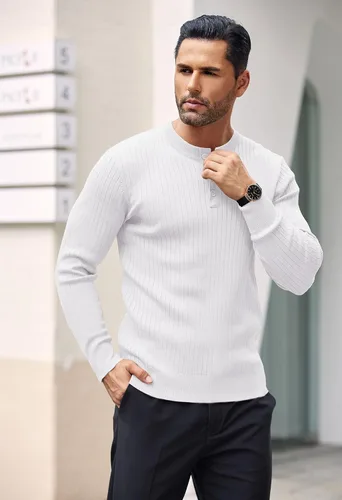 Vista 2 de COOFANDY Camisas de punto Henley para hombre, estilo casual, manga larga, ajustadas, ligeras, acanaladas