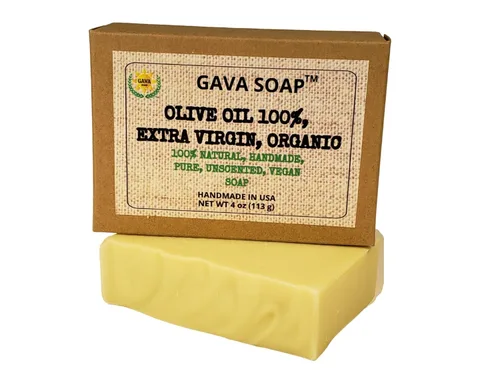 Vista 4 de Jabón vegano totalmente natural, hecho a mano, sin perfume. Aceite de oliva, 100% puro. Juego de 3 barras.