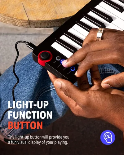 Vista 2 de Donner Mini Teclado MIDI, N-25 Controlador MIDI de 25 Teclas para Principiantes con Mini Teclas Sensibles a la Velocidad, Interruptor de Iluminación