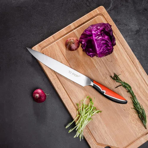 Vista 4 de TJ POP Cuchillo para tallar carne, cuchillo de rebanar de 8 pulgadas, diseño de espiga completa, hoja de acero alemán HC, mango antideslizante