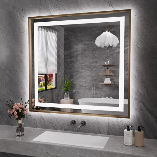 Vista 32 de Amorho Espejo de baño LED de 20 x 28 pulgadas con marco negro, luz frontal y retroiluminación, regulable continuamente, antivaho, a prueba