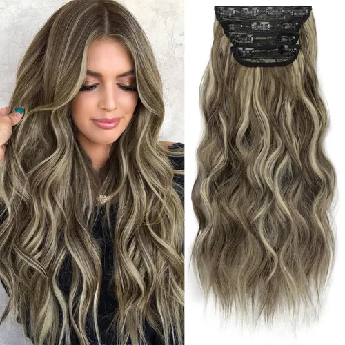 Vista 40 de KooKaStyle Extensiones de cabello sintético con pinzas, largo, ondulado, grueso, balayage, marrón chocolate a rubio caramelo, fibra 10H26