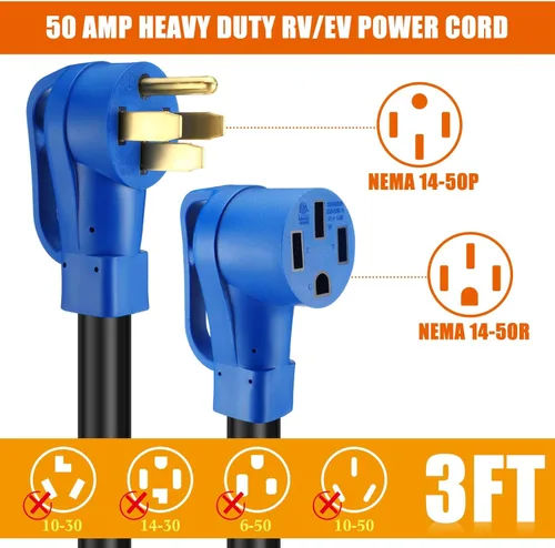 Vista 2 de Kanayu - Cable de extensión de 3 pies y 50 amperios para RV/EV compatible con NEMA 14-50P a 14-50R, listado ETL, 4 clavijas flexibles, resistente