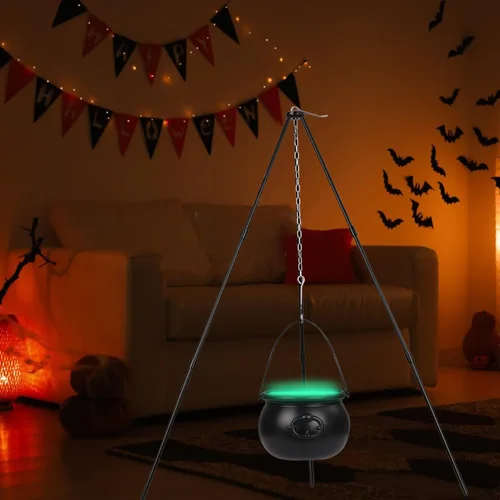 Vista 3 de Caldero de brujas de Halloween, caldero de brujas de plástico negro en trípode con luz LED verde, decoración colgante de Halloween Hocus Pocus