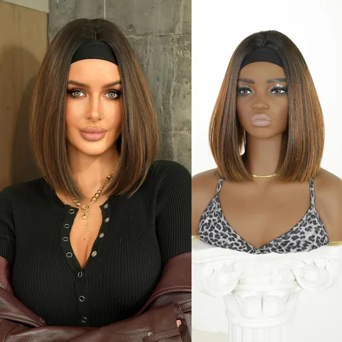 7JHH WIGS Peluca de diadema de color marrón rubio degradado de 14 pulgadas con raíces negras, diadema recta para mujer, larga y lisa, sintética, sin