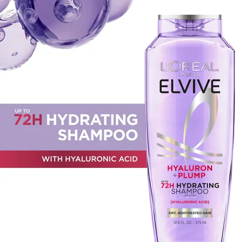 Vista 2 de L'Oreal Paris Elvive Hyaluron Plump Champú hidratante para cabello deshidratado y seco infundido con complejo de cuidado de ácido hialurónico, sin