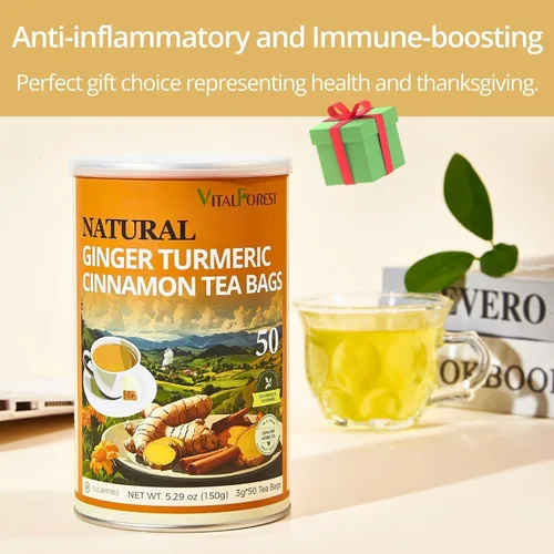 Vista 8 de 50 Bolsas de Té Premium de Cúrcuma, Jengibre y Canela Bolsas de Té Natural de Jengibre Vitalforest Té Puro de Cúrcuma Té Herbal de Canela