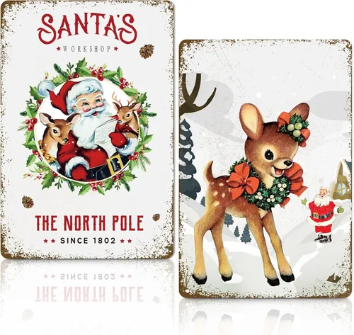 Decoración vintage navideña de Papá Noel, taller de Papá Noel con renos, placa de metal retro de Navidad, decoración de pared, divertido letrero