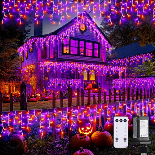 Vista 25 de JMEXSUSS 400 luces LED de Navidad de carámbano de 38.8 pies con control remoto, tira de luces multicolor para exteriores enchufables, 8 modos