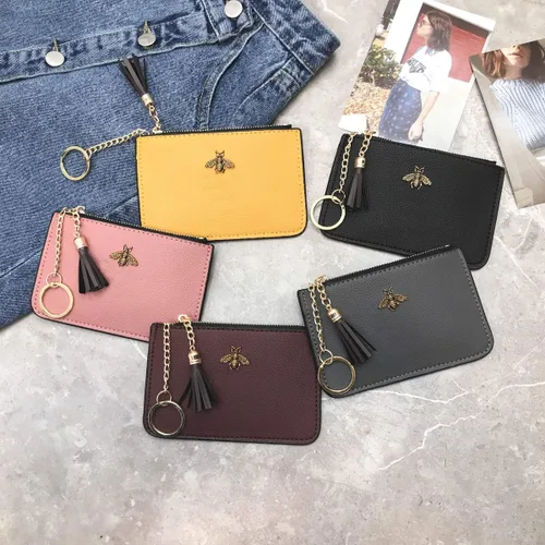 Vista 5 de Monedero para mujer, monedero de cambio, tarjetero de cuero con llavero y borla y cremallera, piel de serpiente