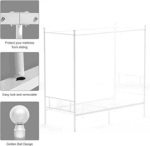 Vista 8 de Weehom Marco de metal con marco de cuatro pósteres, plataforma de soporte de colchón con cabecero, plataforma de estribo de cama, no necesita