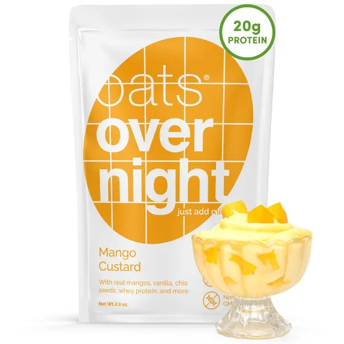 Oats Overnight Crema de mango - Avena durante la noche con 0.71 oz de proteína, batido de proteína de desayuno alto en fibra, avena sin gluten,