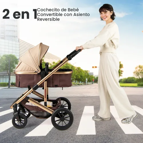 Vista 8 de INFANS Cochecito de bebé 2 en 1, cochecito plegable para recién nacido, cuna convertible para bebé, plegable, alta absorción de impactos con asiento