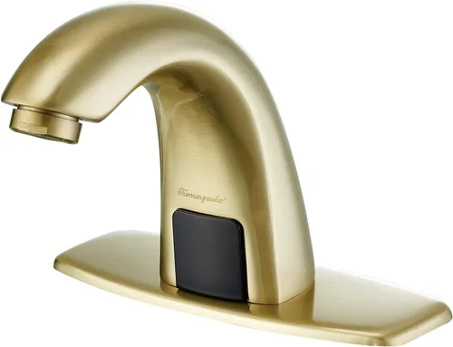 Charmingwater Grifo de lavabo de baño sin contacto, grifo con sensor automático de movimiento con placa de cubierta de agujero, oro cepillado