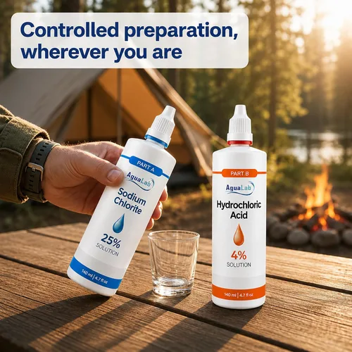 Vista 4 de Kit de reactivos de generación de dióxido de cloro de dos partes, clorito de sodio 25% parte A + ácido clorhídrico 4% parte B - 2 × 4.7 fl oz