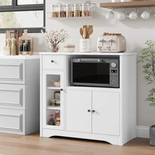 Vista 2 de HORSTORS Armario para microondas, armario de almacenamiento de cocina con 3 puertas y 1 cajón, aparador de buffet con estantes ajustables, soporte