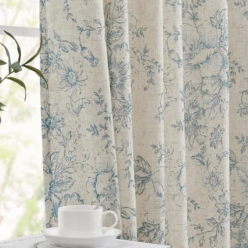 Vista 86 de JINCHAN Cortinas de mezcla de lino con flores para sala de campo francés, cortinas para sala de estar de 84 pulgadas de largo, cortinas impresas